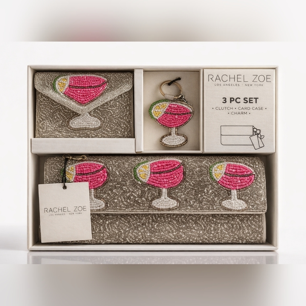 Rachel Zoe Pink & Silver Beaded Cocktail Clutch, Card Case & Charm Set